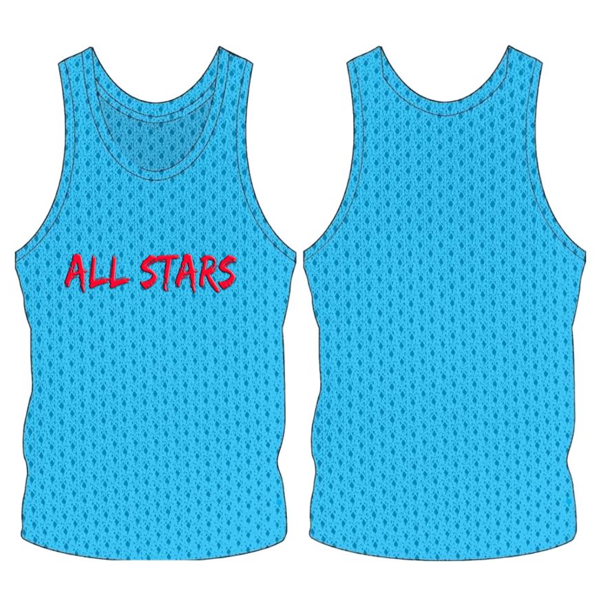 Picture of Sleeveless Training Vest (Pennies) with line of printing at Center Chest. Style N905-01. Custom Made.