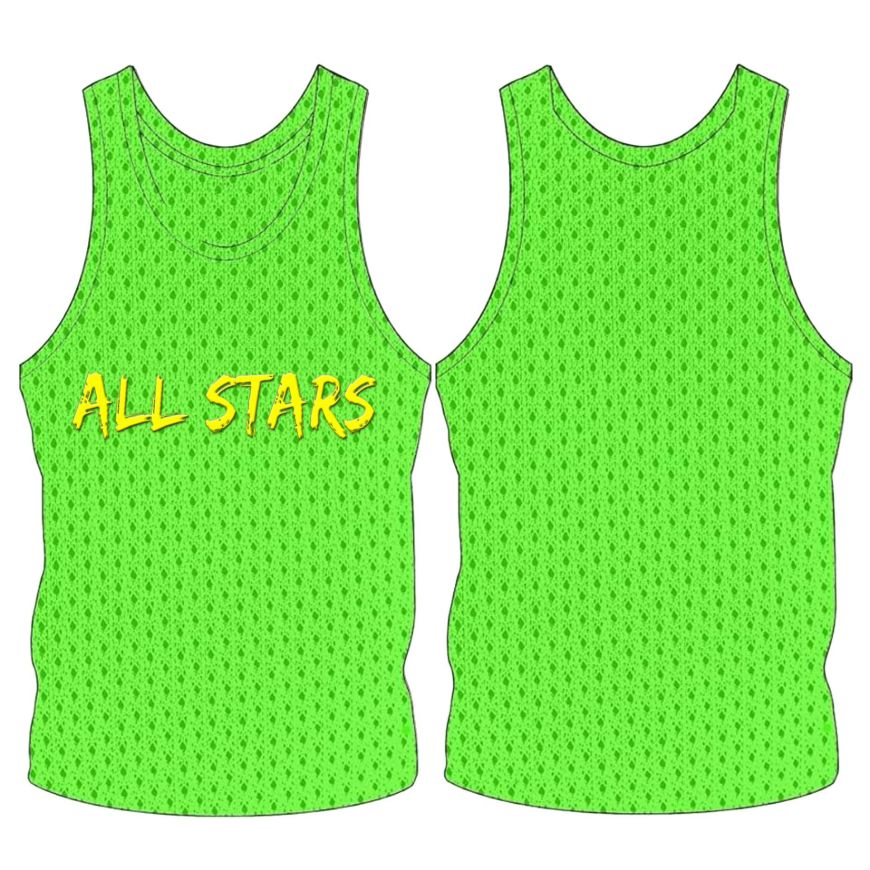 Picture of Sleeveless Training Vest (Pennies) with line of printing at Center Chest. Style N905-01. Custom Made.